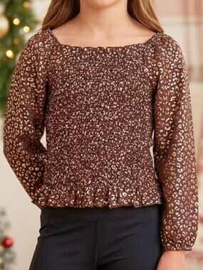 Girls Foil Leopard Top ERGE Designs Smocked NWT L
